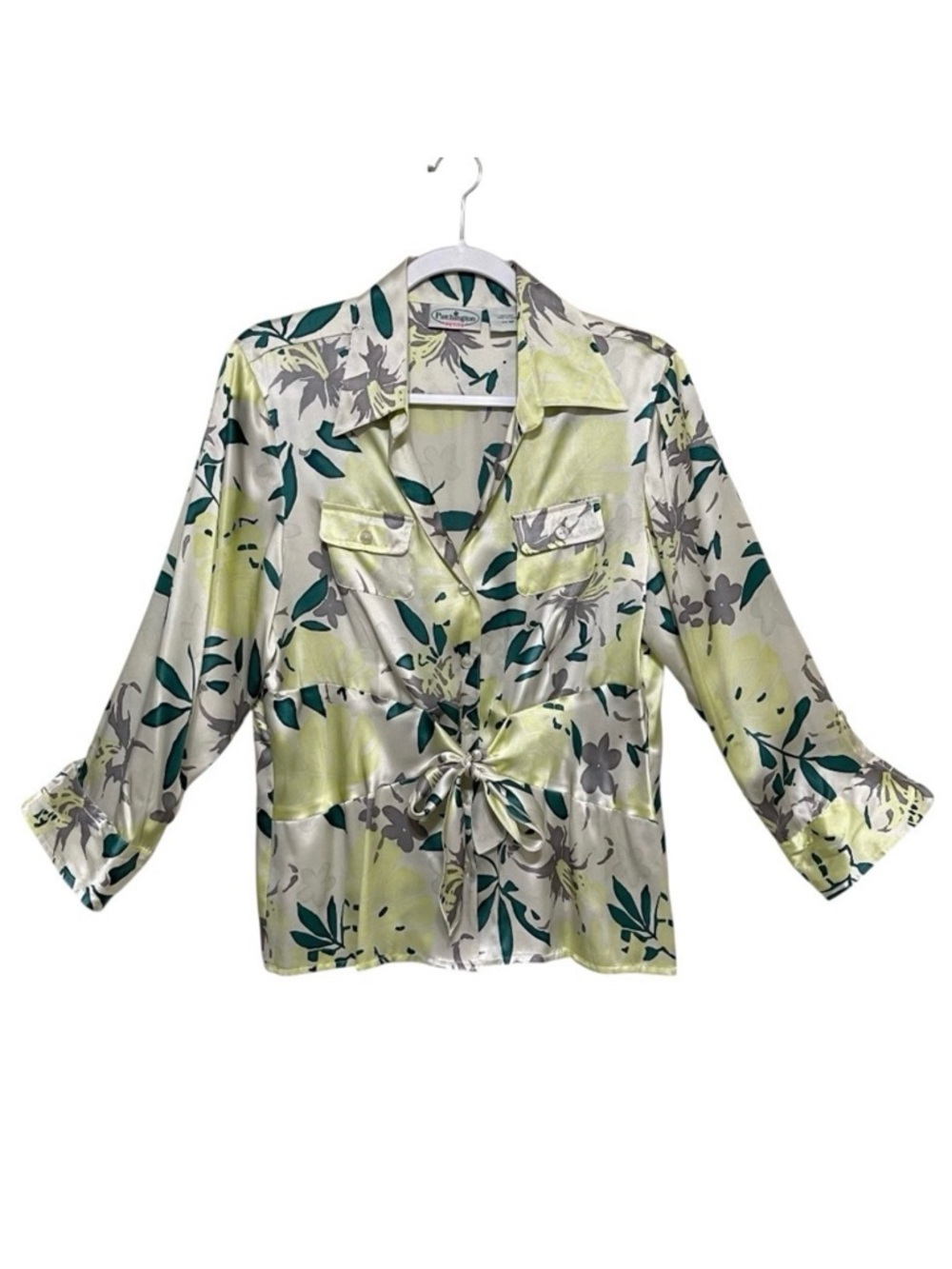 Patchington 100% Silk Button Up Blouse Leaves Tropical Chic Tie Front Size MP
